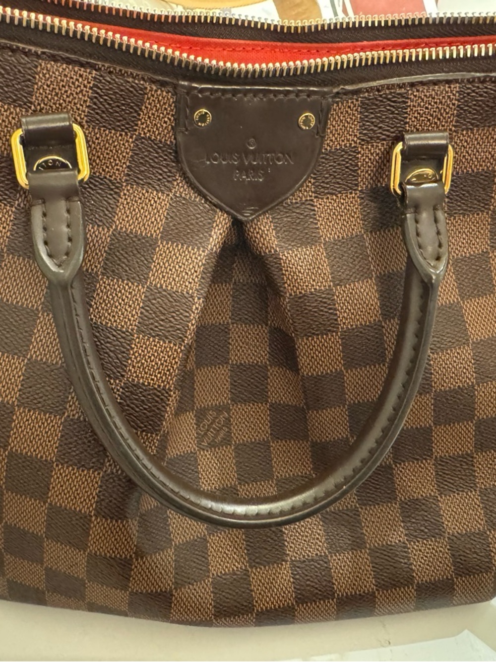 Louis Vuitton Damier Ebene Checkerboard Tote with Red Trim